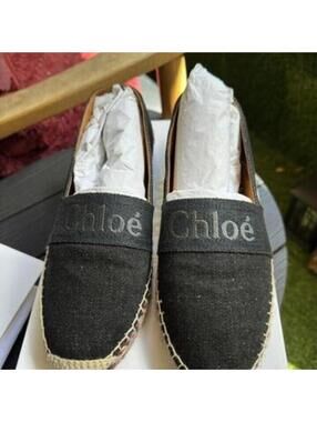 Chloé PIIA Espadrille Flats Black Canvas Logo Slip-On EU 40 US 9